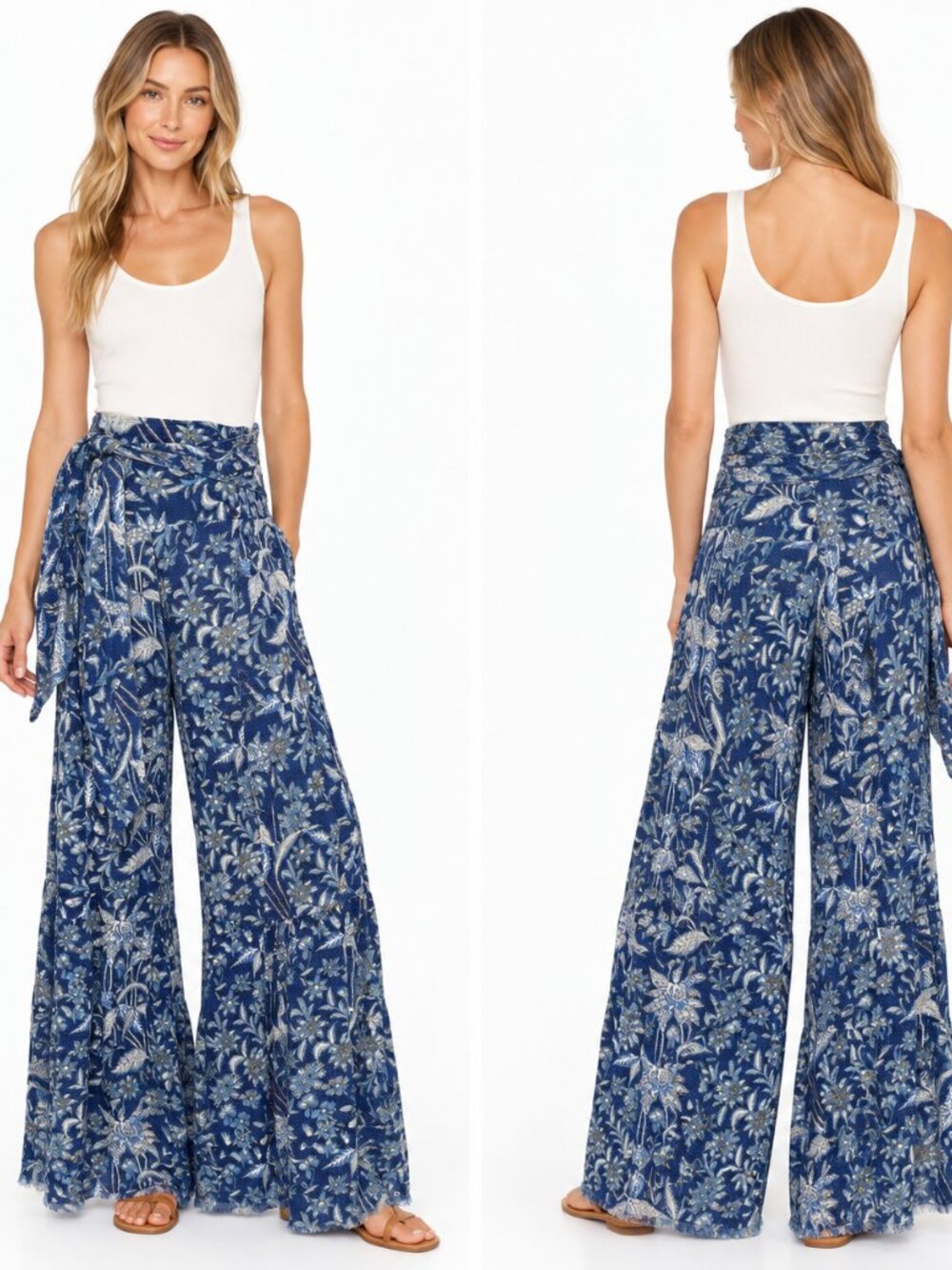 Free People FP One Aloha Printed Wide Leg Pants Blue Floral Boho S (estimate)